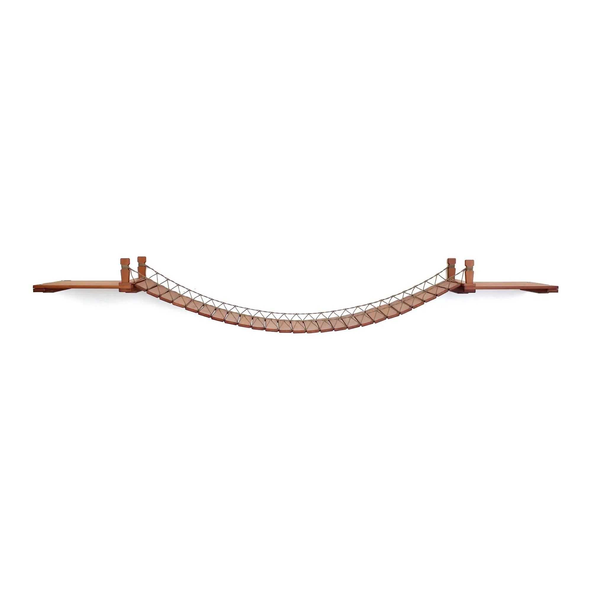 Cat Wall Bridge and Shelf Set by Catastrophic Creations; brown wooden cat bridge with rope lattice.