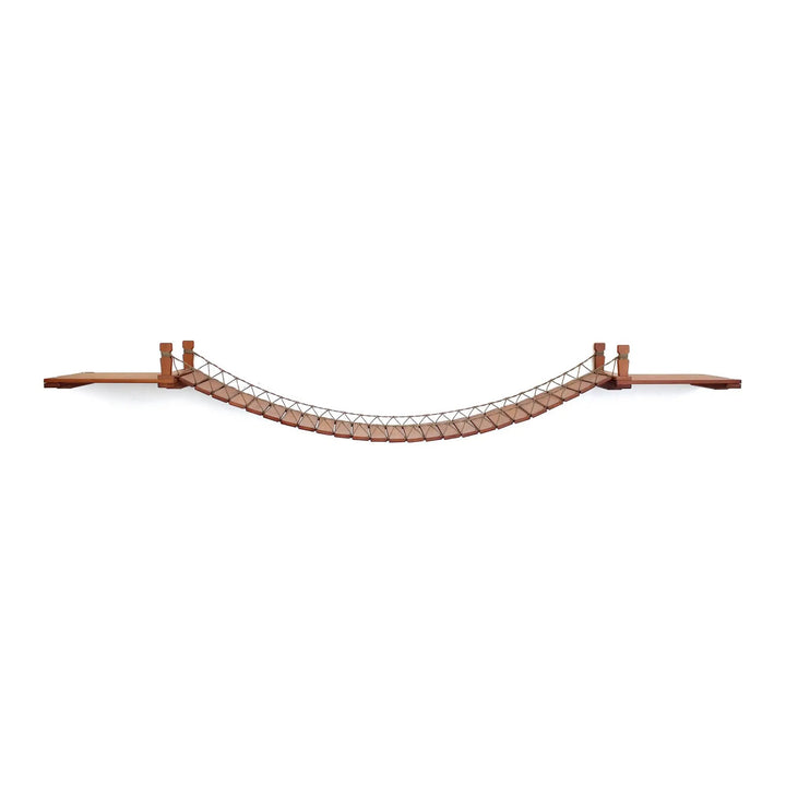 Cat Wall Bridge and Shelf Set by Catastrophic Creations; brown wooden cat bridge with rope lattice.