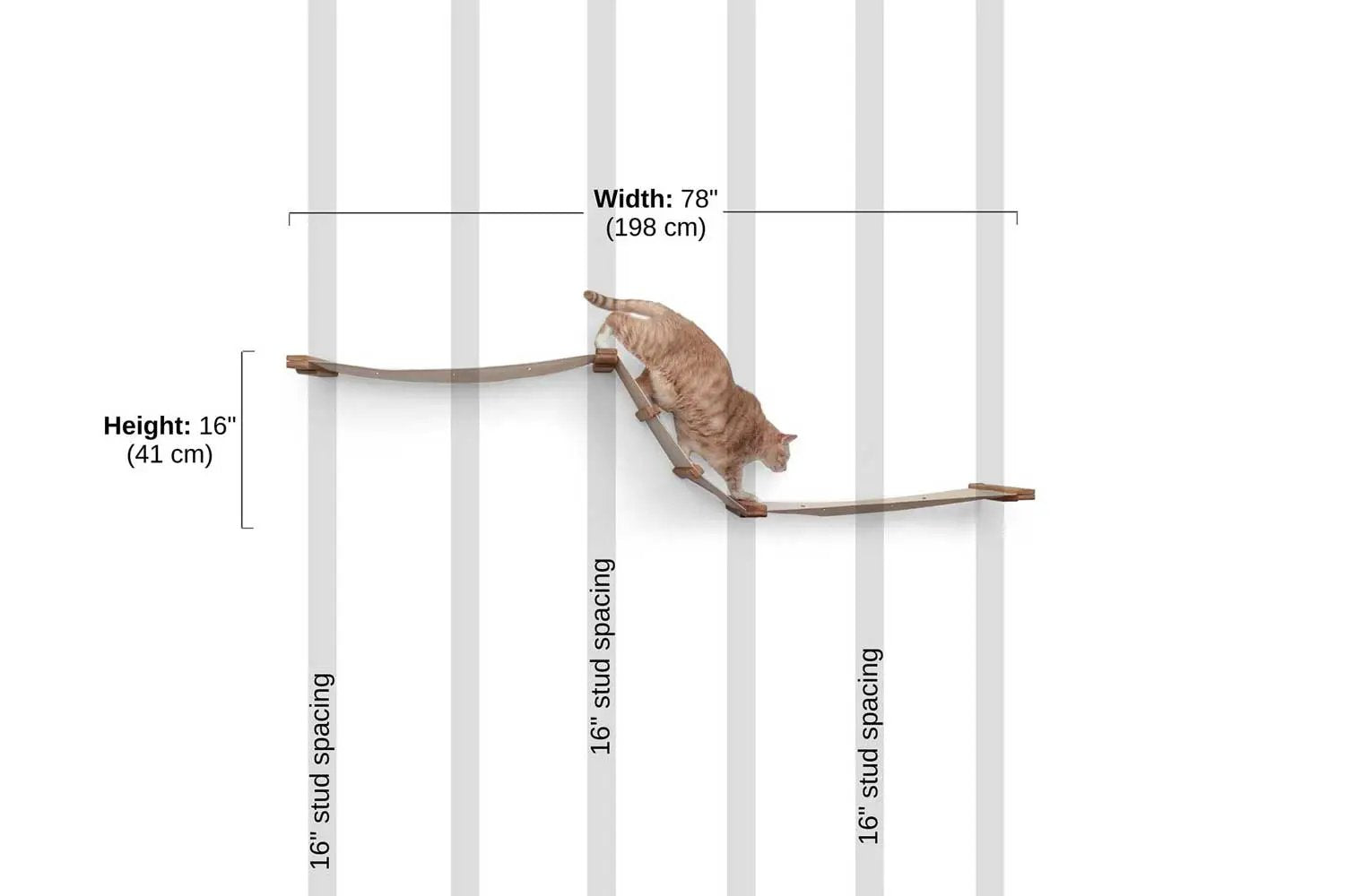 The Raceway wall-mounted cat hammock with curved natural wood planks, 78 inches wide