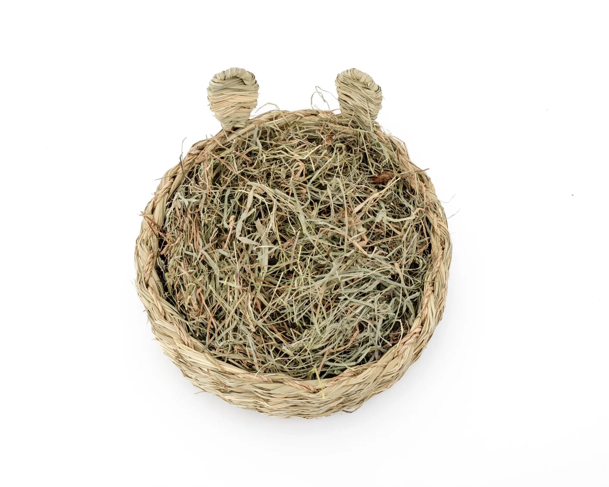 Bunny Bed by Clover Days; natural woven straw nest with bunny-ear shapes for small animal habitats.