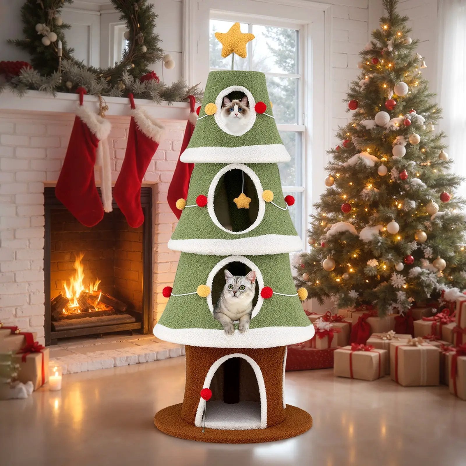 61 Inch Green Christmas Cat Tower With 4 Condos And Star Topper by DirectDeals