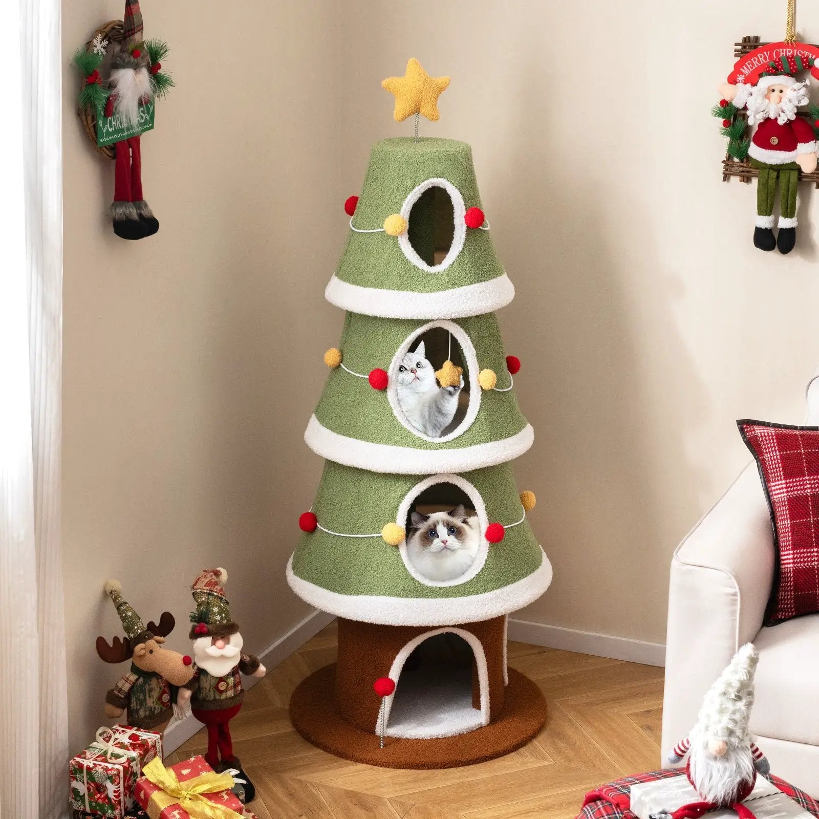 61 Inch Green Christmas Cat Tower With 4 Condos And Star Topper by DirectDeals