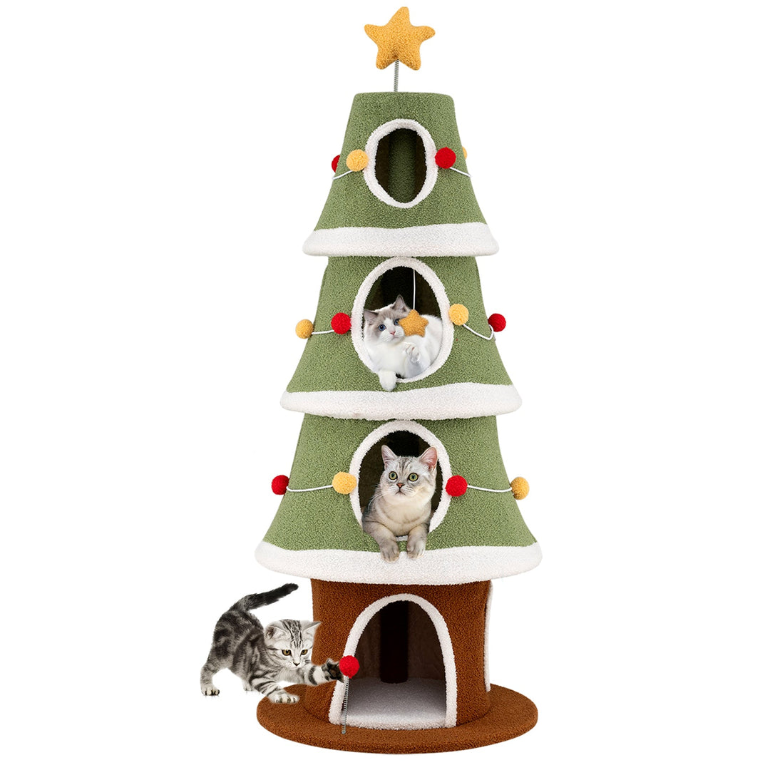 The Frosted Fir cat tower with snowy trim, pom-pom garland and star topper