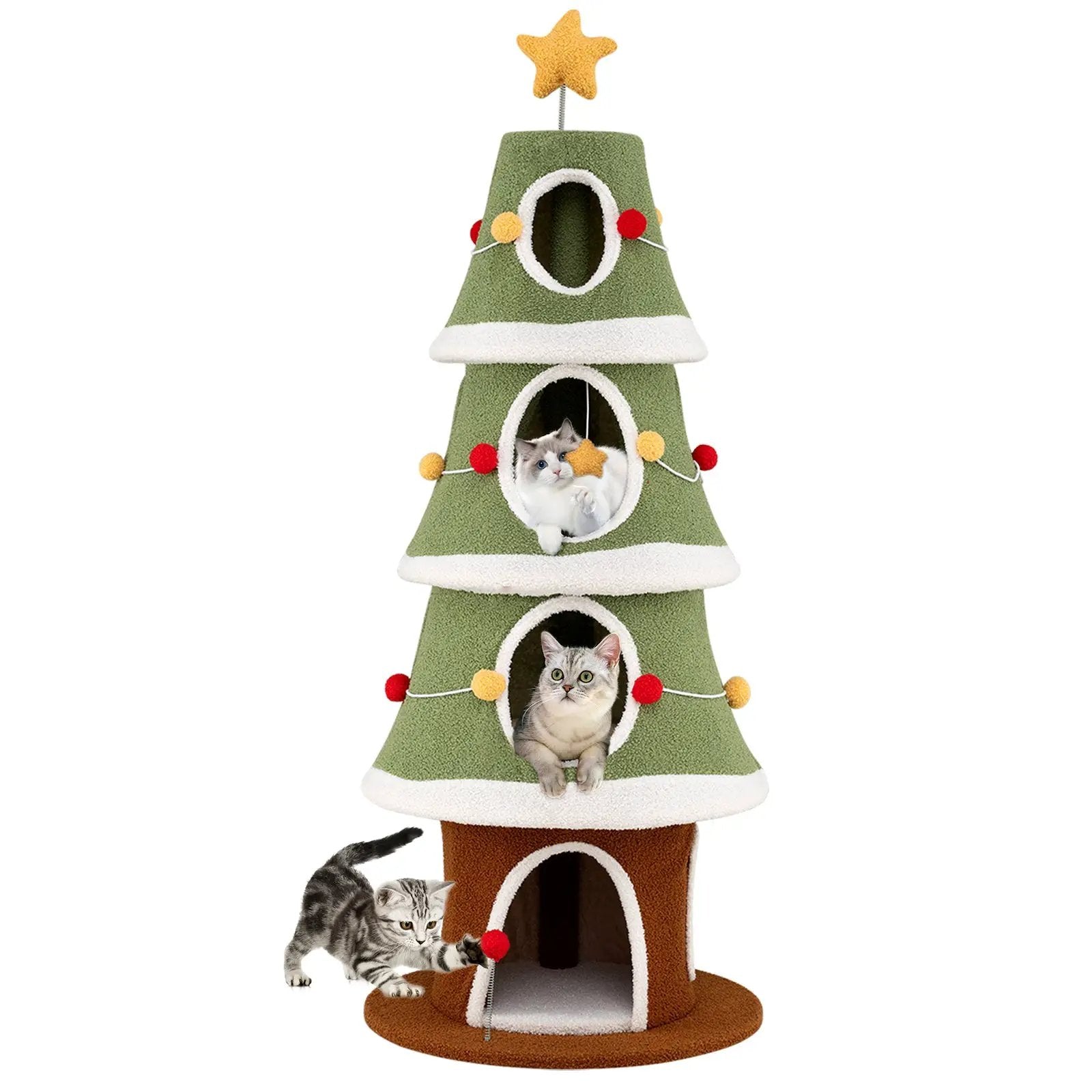 61 Inch Green Christmas Cat Tower With 4 Condos And Star Topper by DirectDeals