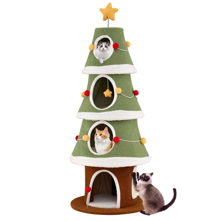 Front view of The Frosted Fir cat tower with cats in four condos