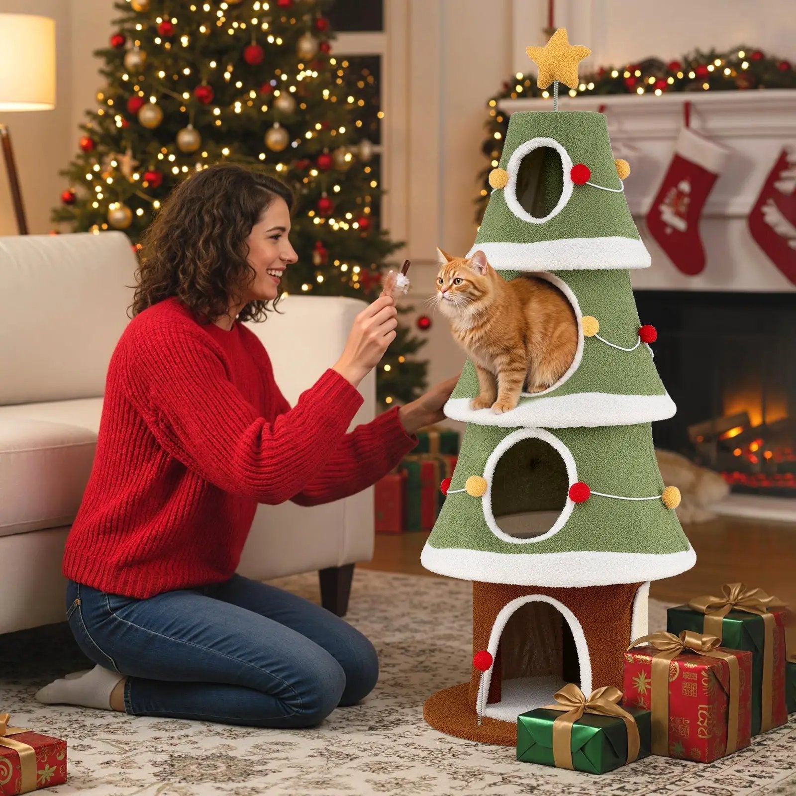 61 Inch Green Christmas Cat Tower With 4 Condos And Star Topper by DirectDeals