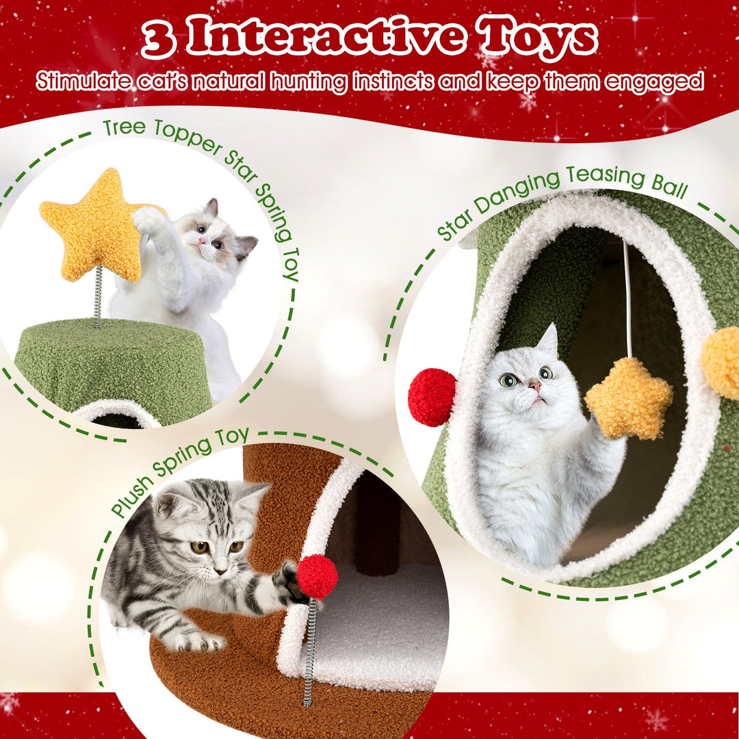 The Frosted Fir cat tower star spring toy, dangling star teaser and plush spring toy