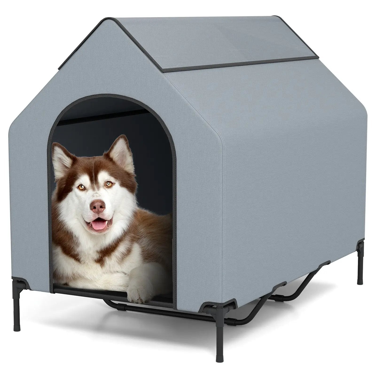 DirectDeals outdoor elevated dog house with ventilated windows, blue-gray fabric cover.