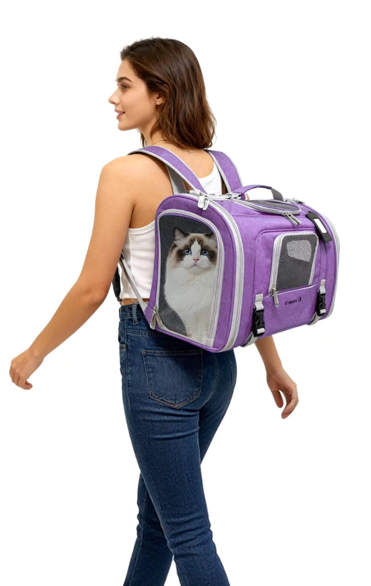 Mr. Peanut's Monterey Series airline-compliant horizontal backpack pet carrier, purple with mesh panels.