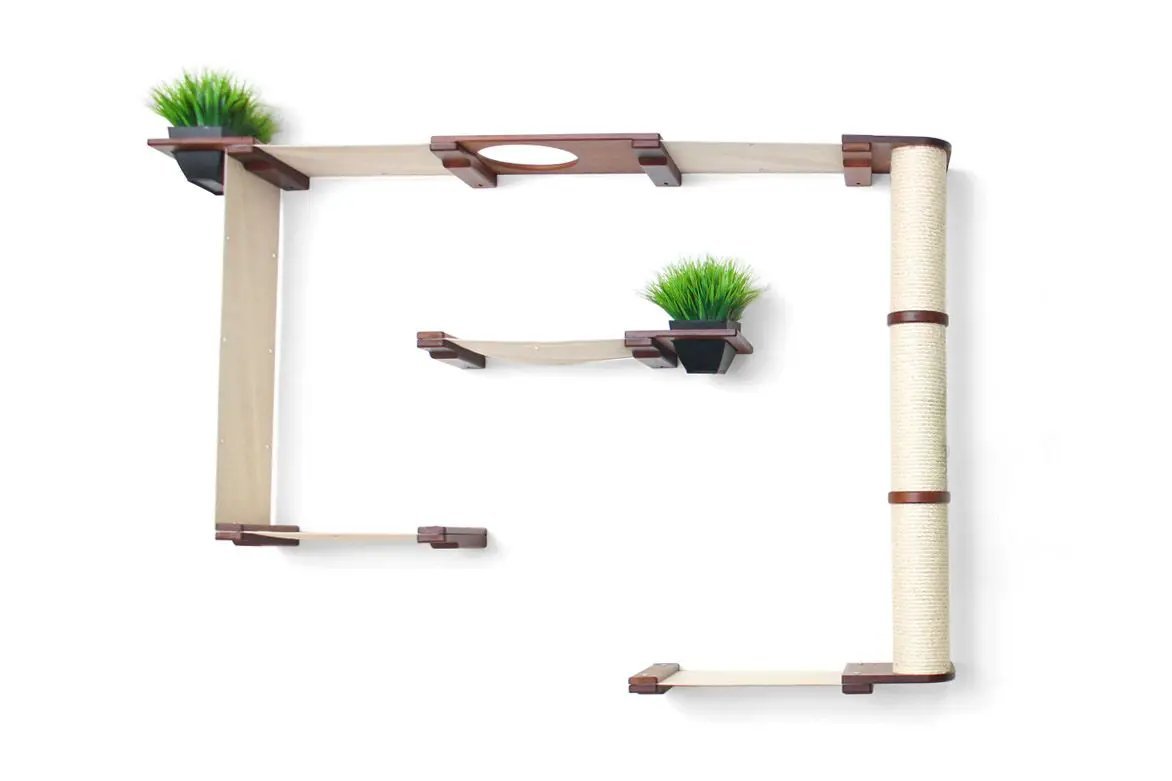 The Gardens modern cat condo by Catastrophic Creations; beige wood shelves, two green faux plants, and a sisal-wrapped post.