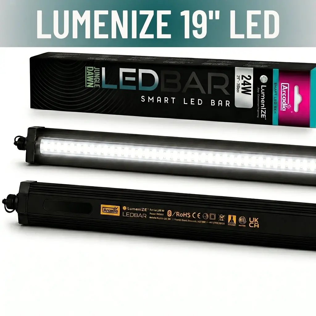 LumenIZE Jungle Dawn LED Bar: two 19-inch black LED lighting bars for reptile habitats.