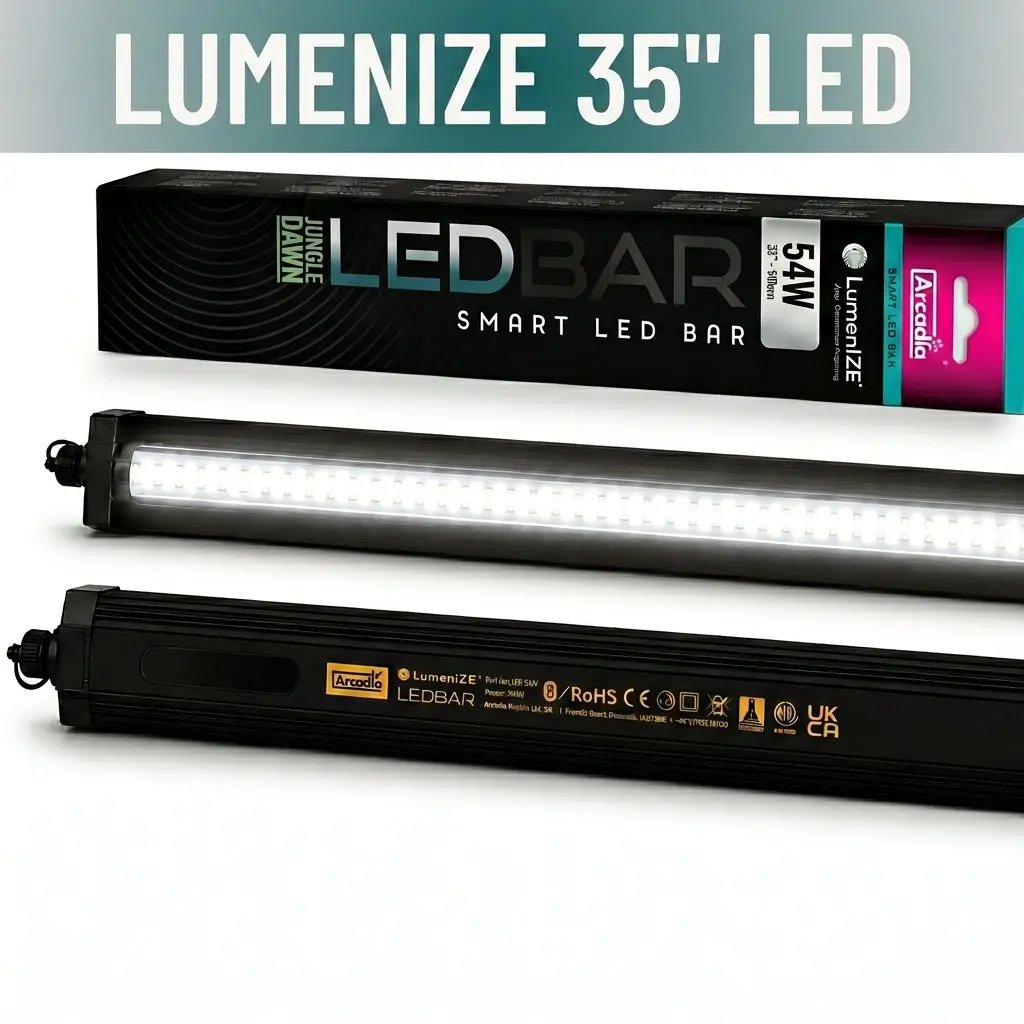 Lumenize Jungle Dawn LED Bar, 35in reptile lighting with black housing and Arcadia branding visible, two LED bars shown.