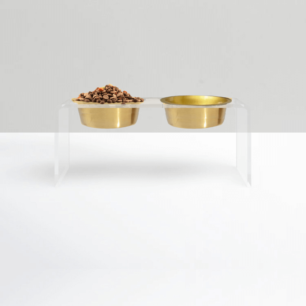 Hiddin Clear Acrylic Double Feeder with Gold Bowls – 7 in High