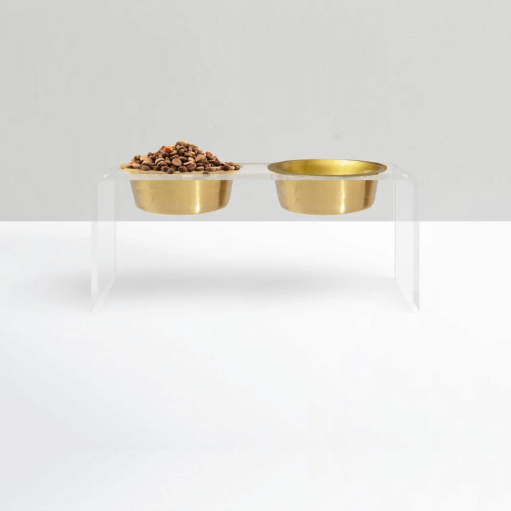 Hiddin Clear Acrylic Double Feeder with Gold Bowls – 7 in High