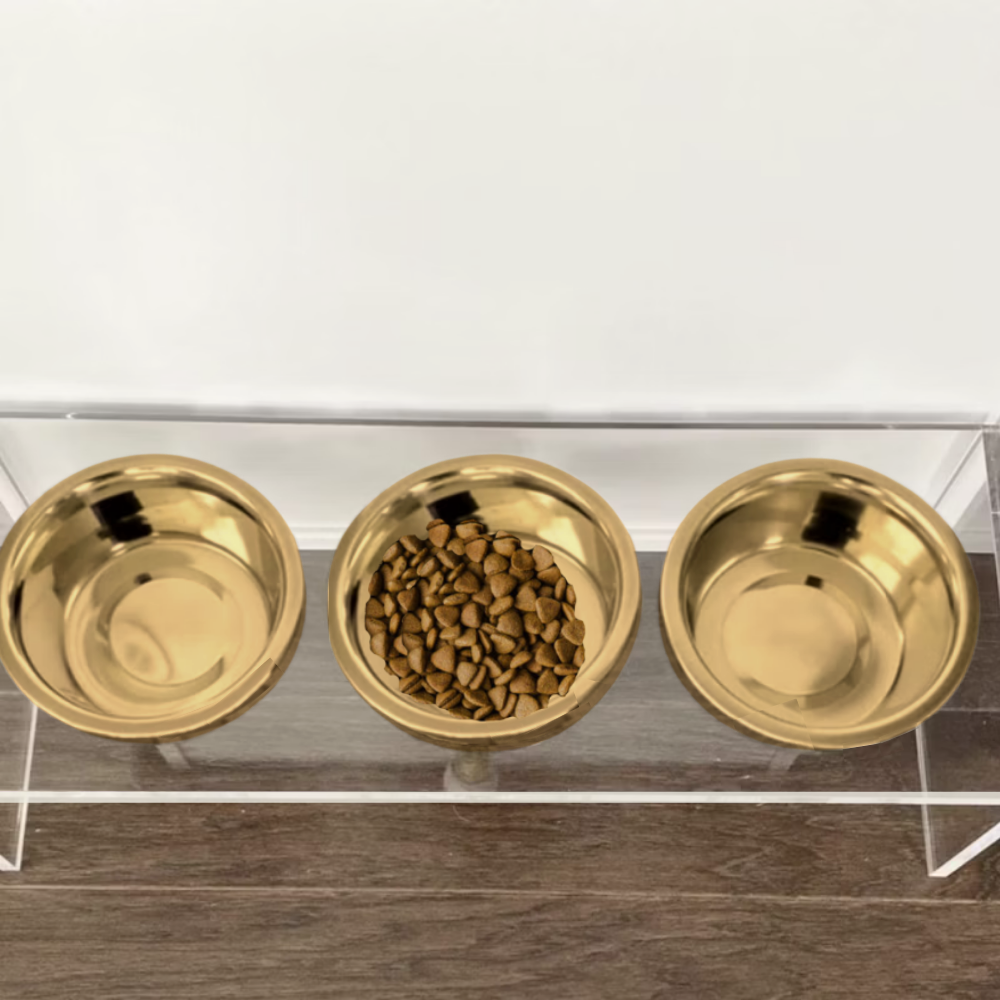 Hiddin Clear Acrylic Triple Feeder with Gold Bowls – 7 in High