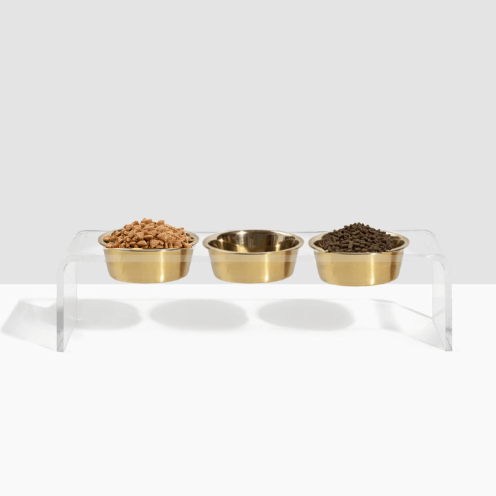 Hiddin Clear Acrylic Triple Feeder with Gold Bowls – 7 in High