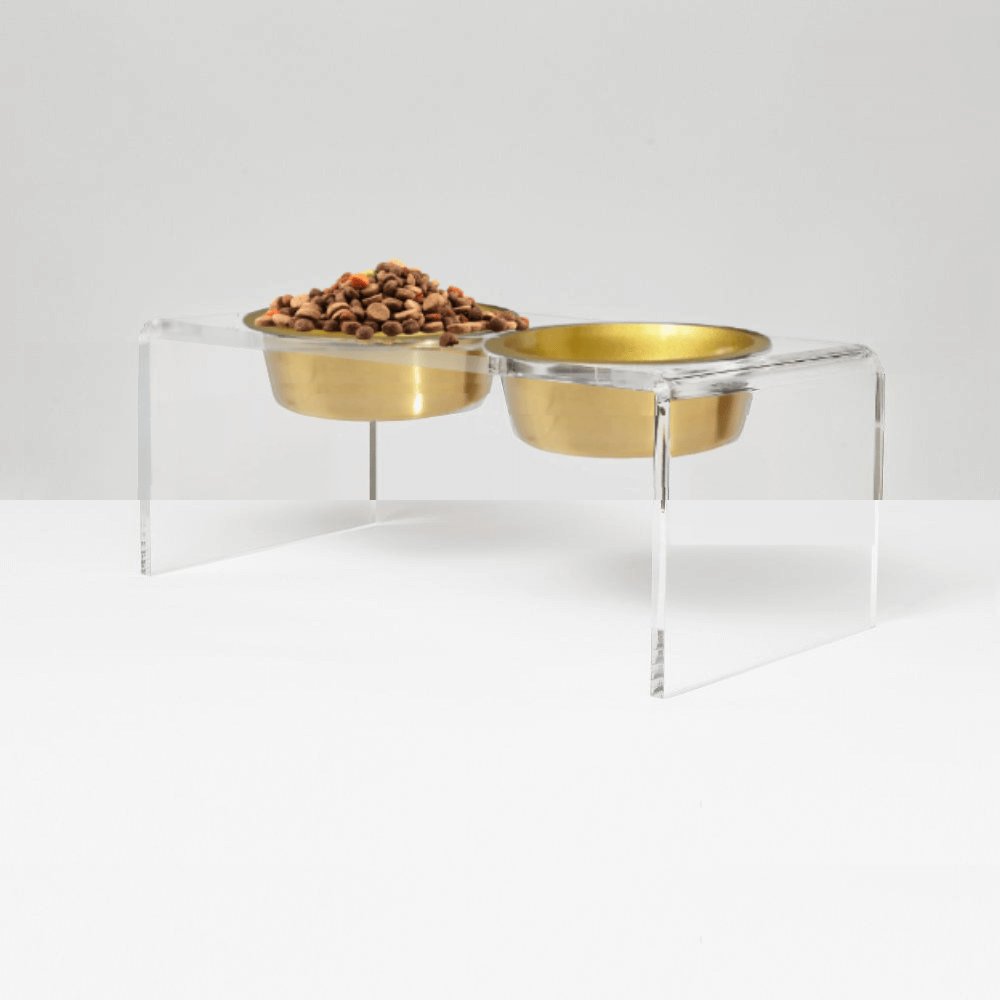 Hiddin Clear Acrylic Double Feeder with Gold Bowls – 7 in High