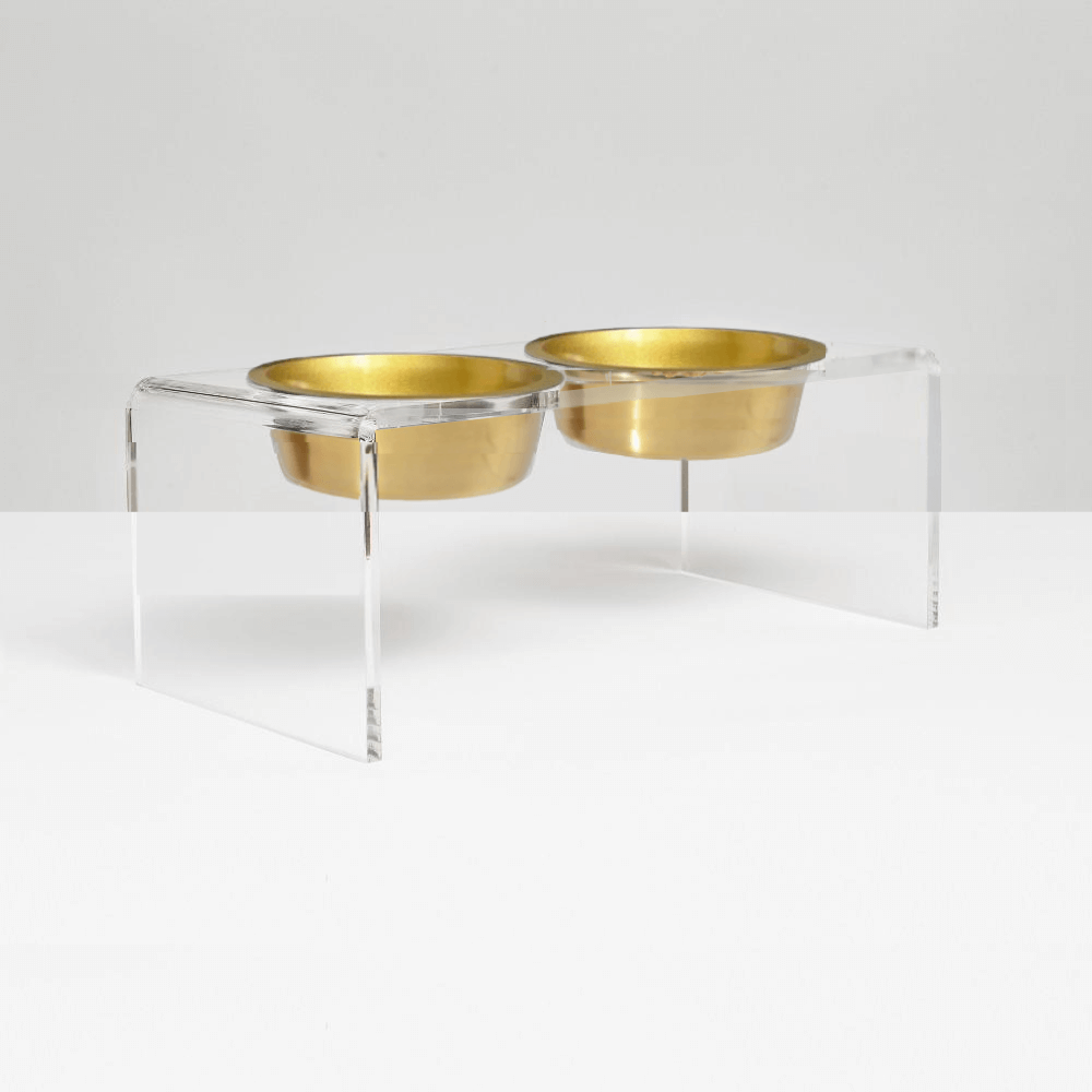 Hiddin Clear Acrylic Double Feeder with Gold Bowls – 7 in High