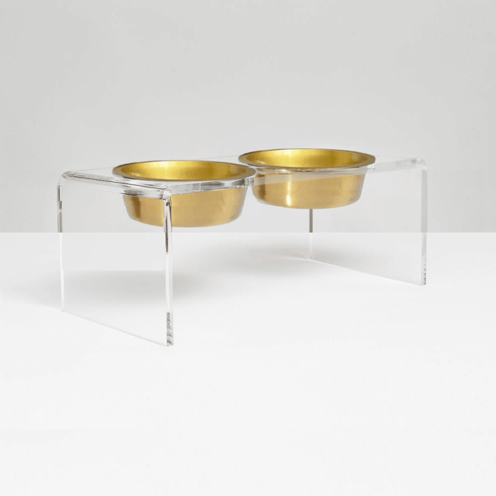 Hiddin Clear Acrylic Double Feeder with Gold Bowls – 7 in High