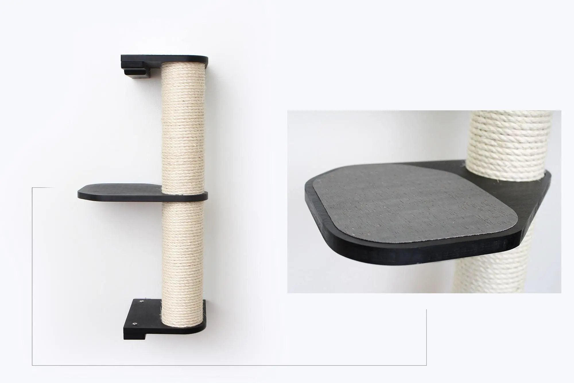 Wall Mounted Cat Climbing Pole - Sisal; black platforms, wrapped rope, wall-mount hardware by Catastrophic Creations