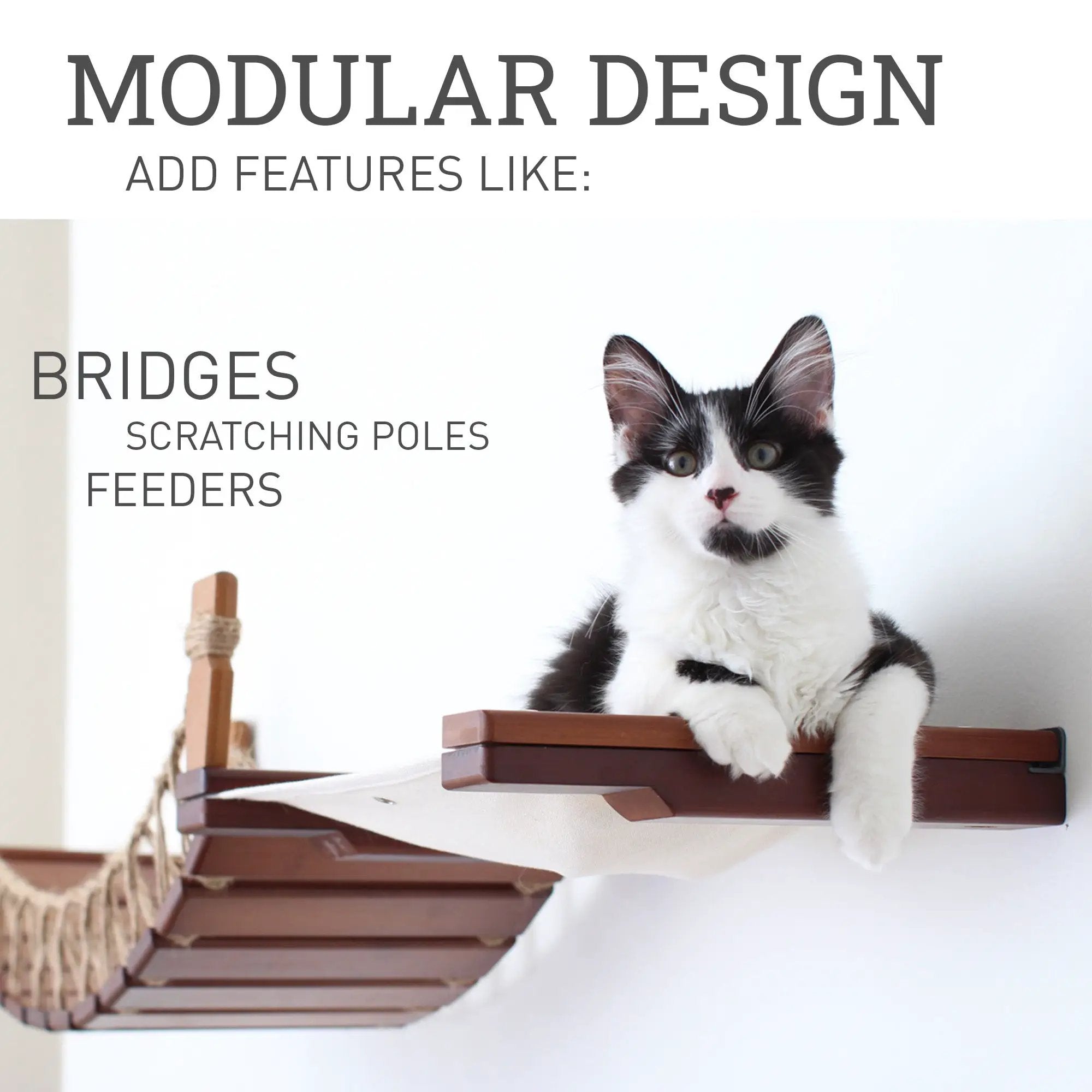Hanging Cat Bed Hammock on a wooden cat perch by Catastrophic Creations