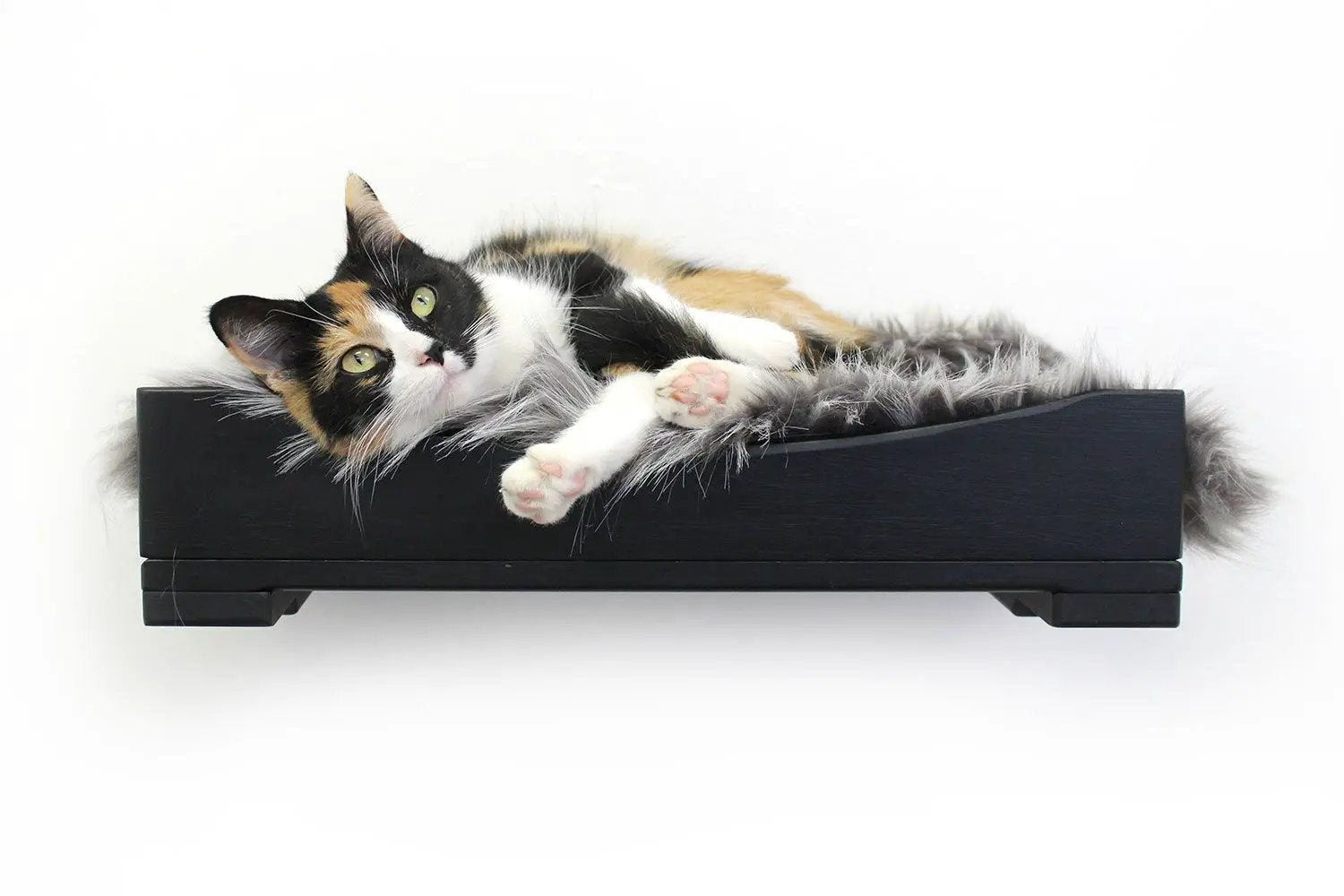 The Cat Nest Bed by Catastrophic Creations, black wood cat perch with fluffy faux fur