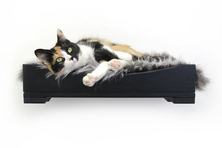 The Cat Nest Bed by Catastrophic Creations, black wood cat perch with fluffy faux fur