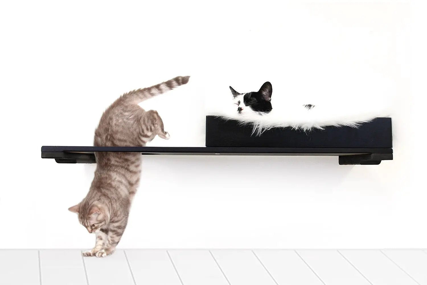 The Cat Nest Bed by Catastrophic Creations; black cat perch with white faux fur nest (2 cats)