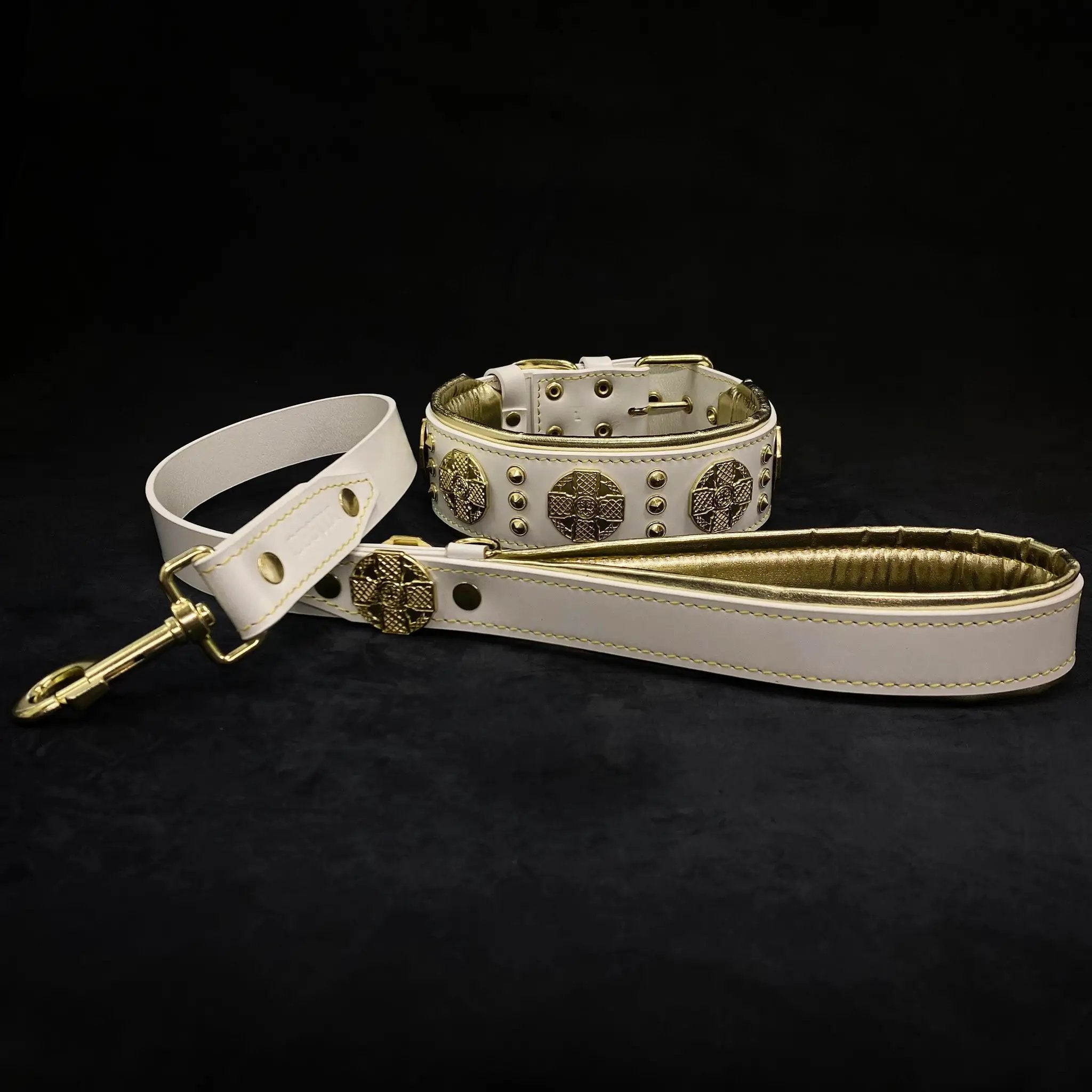 The "Maximus" collar 2.5 inch wide white & gold - Pet Collars & Harnesses from Bestia Dog Gear