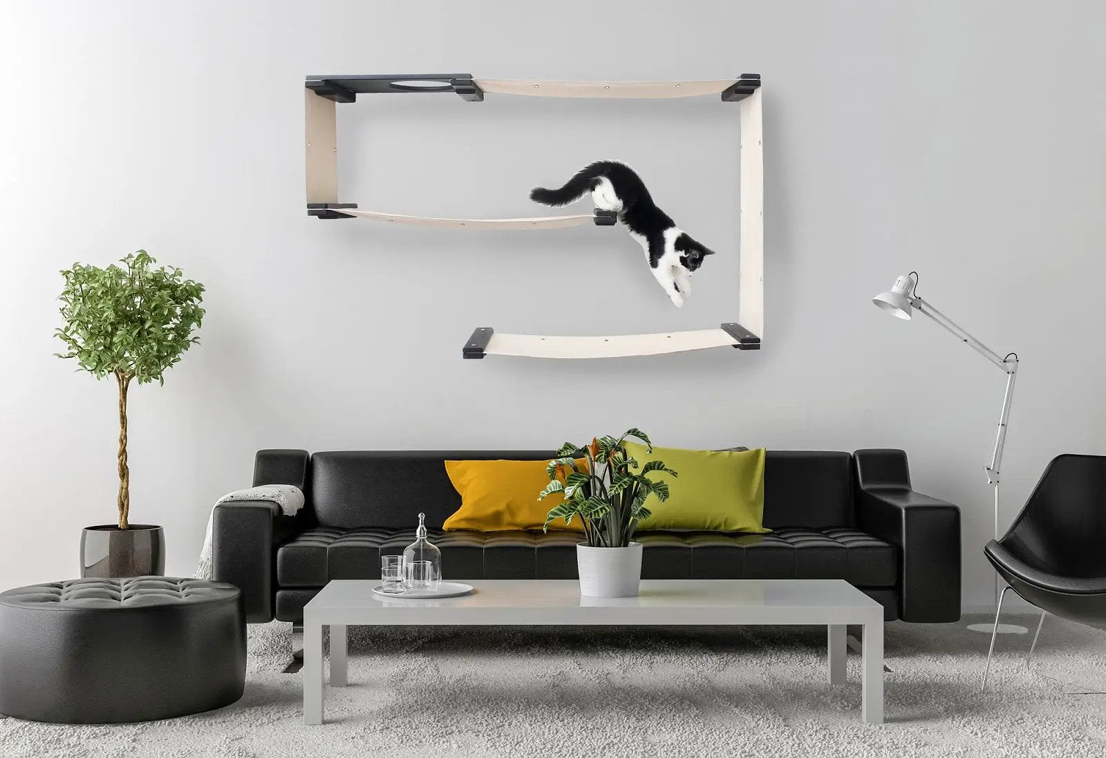 Cat Maze Wall - 3 Tier Cat Tree, light wood with black brackets, wall-mounted cat condo