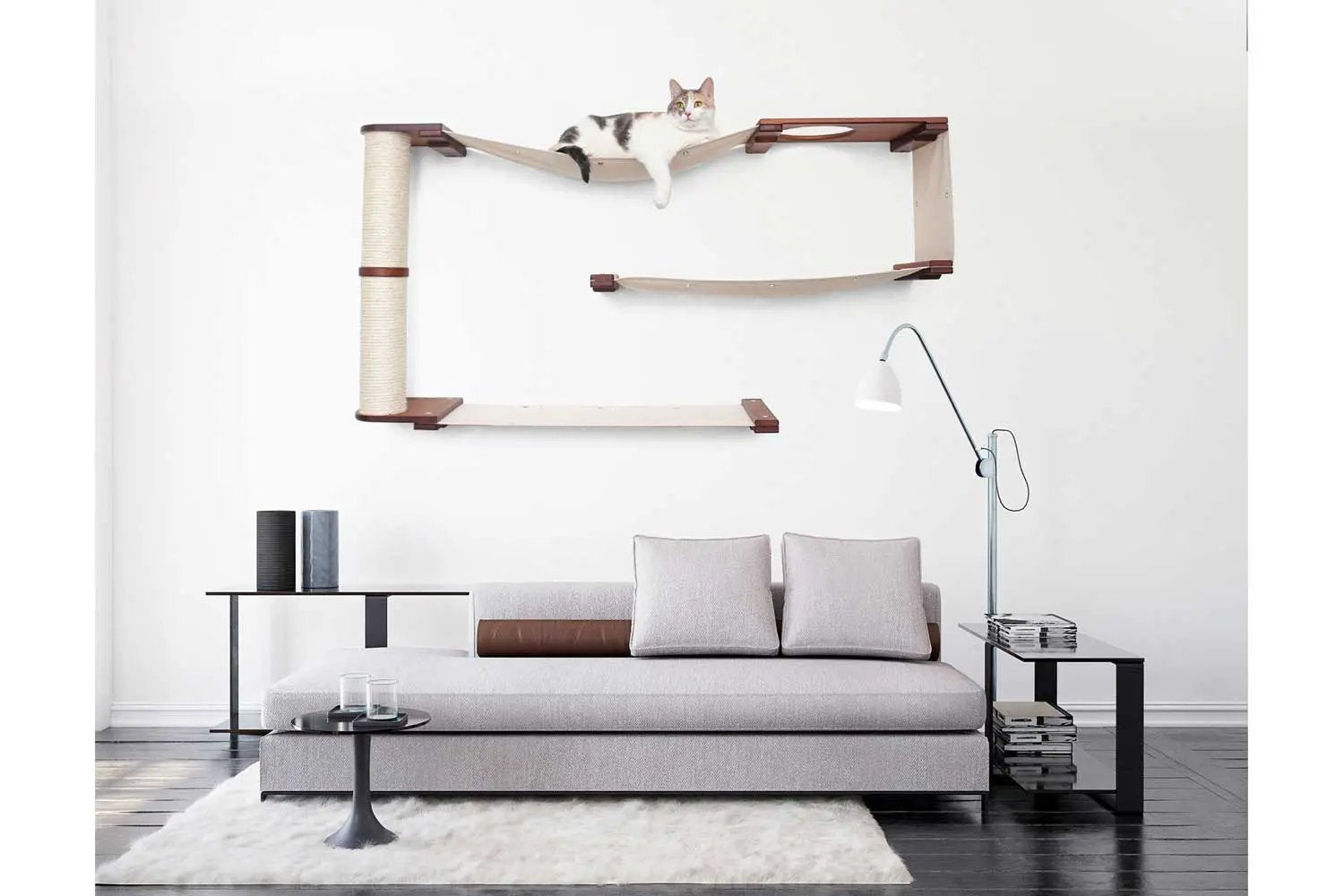 Cat Maze Wall 3-Tier Cat Tree cat condo; beige fabric with sisal post mounted on the wall by Catastrophic Creations
