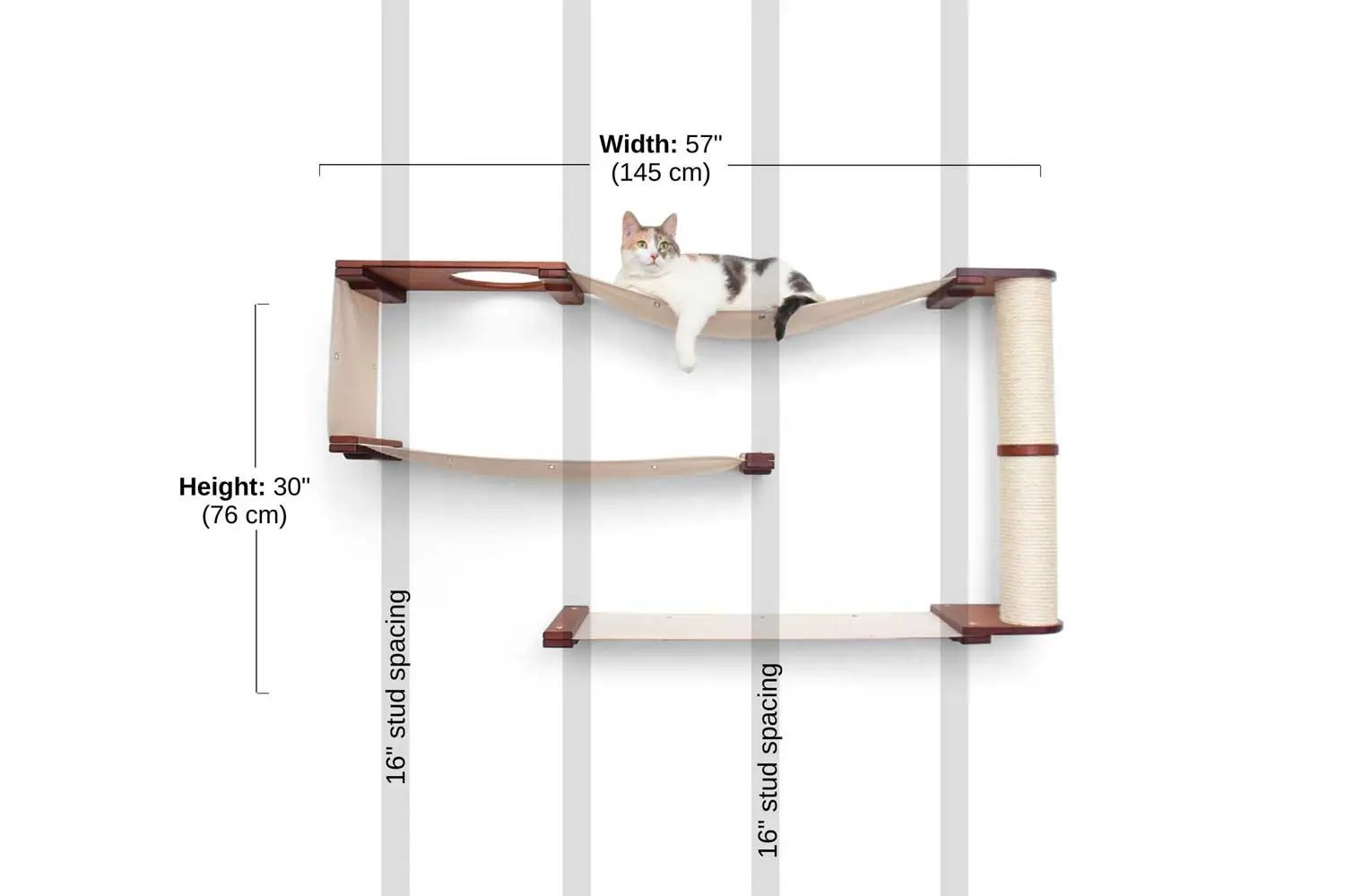 Cat Maze Wall 3-Tier Cat Tree by Catastrophic Creations; beige fabric platforms with sisal post