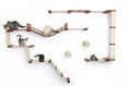 Gallery viewerに画像を読み込む, The Juggernaut indoor cat condo on a wall-mounted cat tree with rope bridge, beige wood, and sisal posts; several cats.
