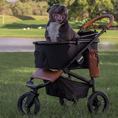 Cargar la imagen en la vista de la galería, Furvelo Jogger Pet Stroller in black with brown leather accents, dog inside.

