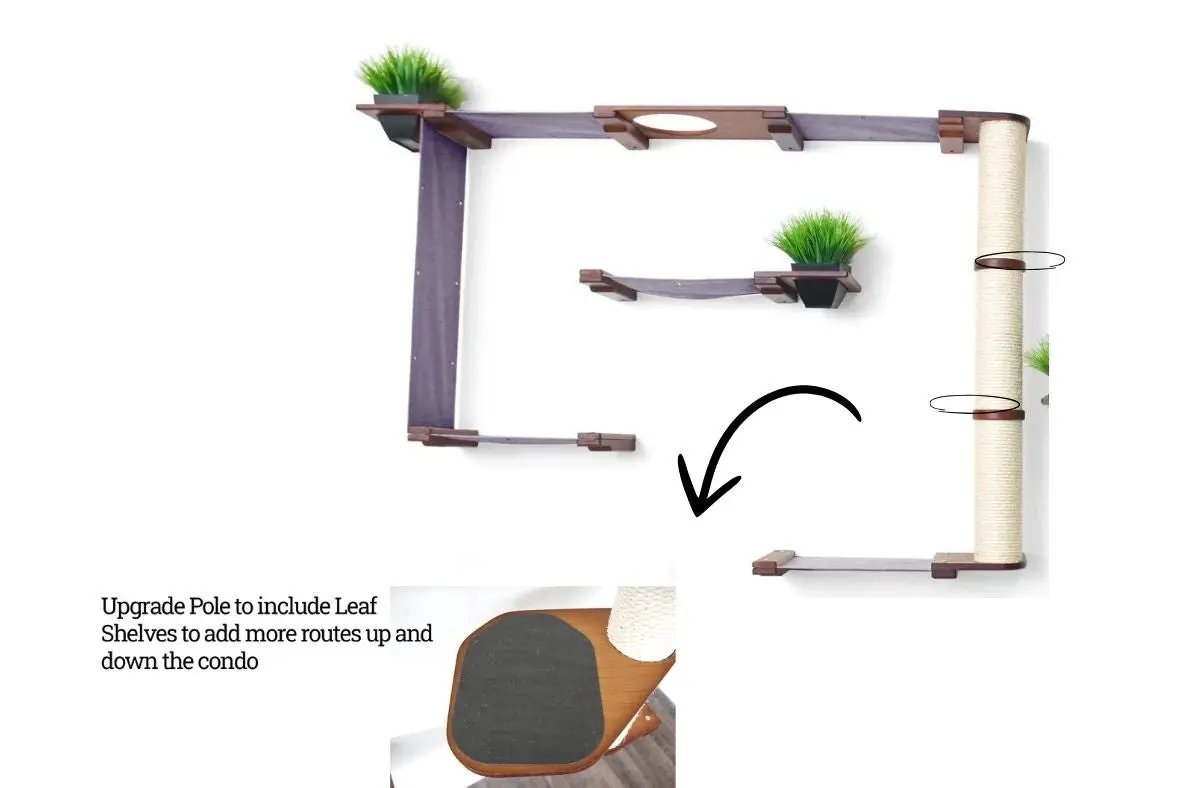 Cat Condo The Gardens by Catastrophic Creations; purple wood frame with plant accents and a tall sisal scratching pole.