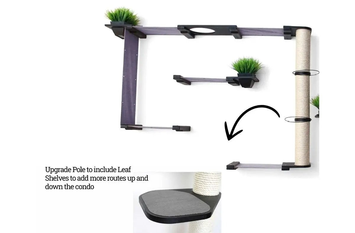 The Gardens Modern Cat Tree with Plants by Catastrophic Creations; purple wood cat condo with green plants and a sisal post
