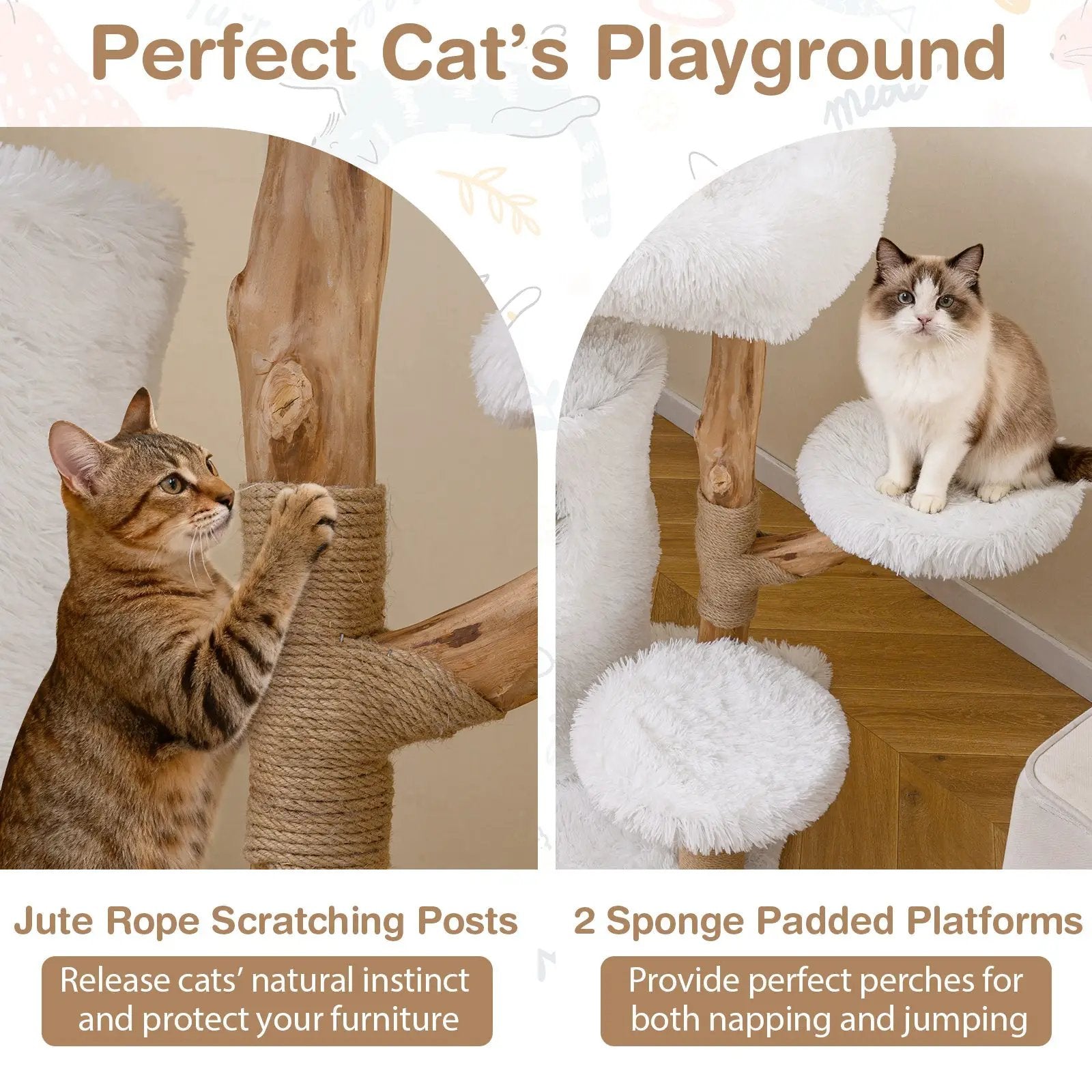 White Solid Wood Cat Tree 30.5 Inch Modern Indoor Tower Pear Branches by DirectDeals