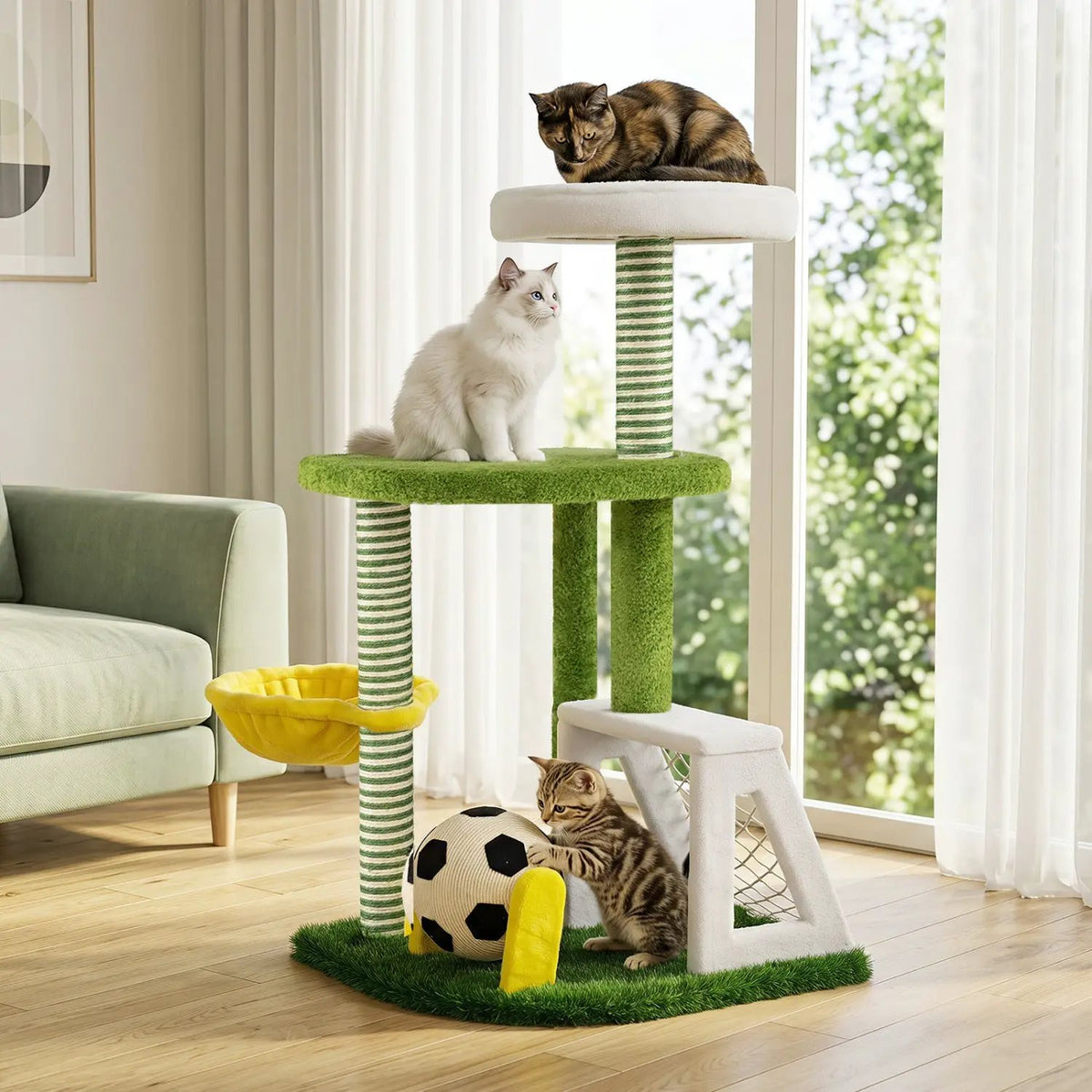 Multi-Level Cat Tree with Soccer Field and Hammock by DirectDeals, green and white indoor cat furniture