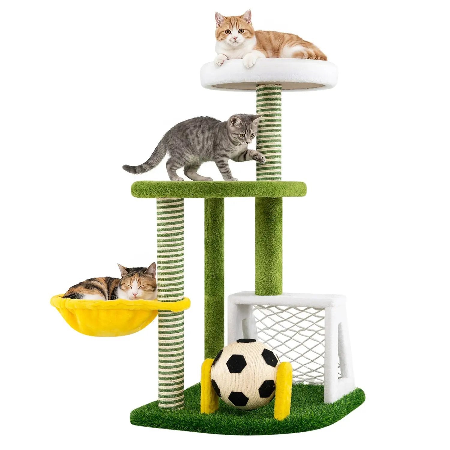 Multi-Level Cat Tree with Soccer Field & Hammock by DirectDeals; green plush posts, yellow basket, and three cats