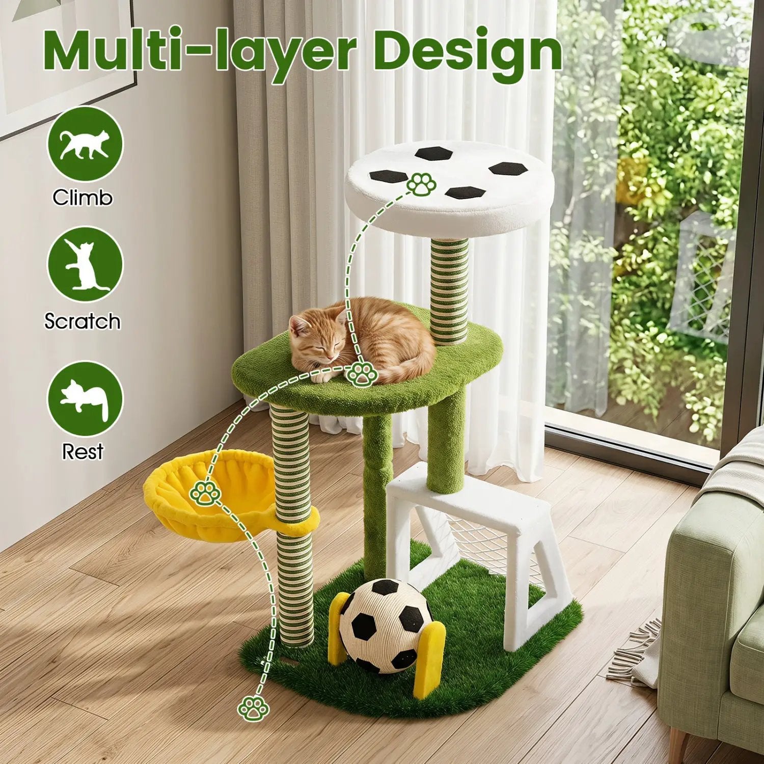 Multi-Level Cat Tree by DirectDeals; green turf, white top panel, soccer-field motifs, hammock, cat resting.