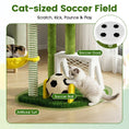 Cargar la imagen en la vista de la galería, Cat Tree by DirectDeals, multi-level with soccer-field decor, hammock, and soccer ball on artificial turf
