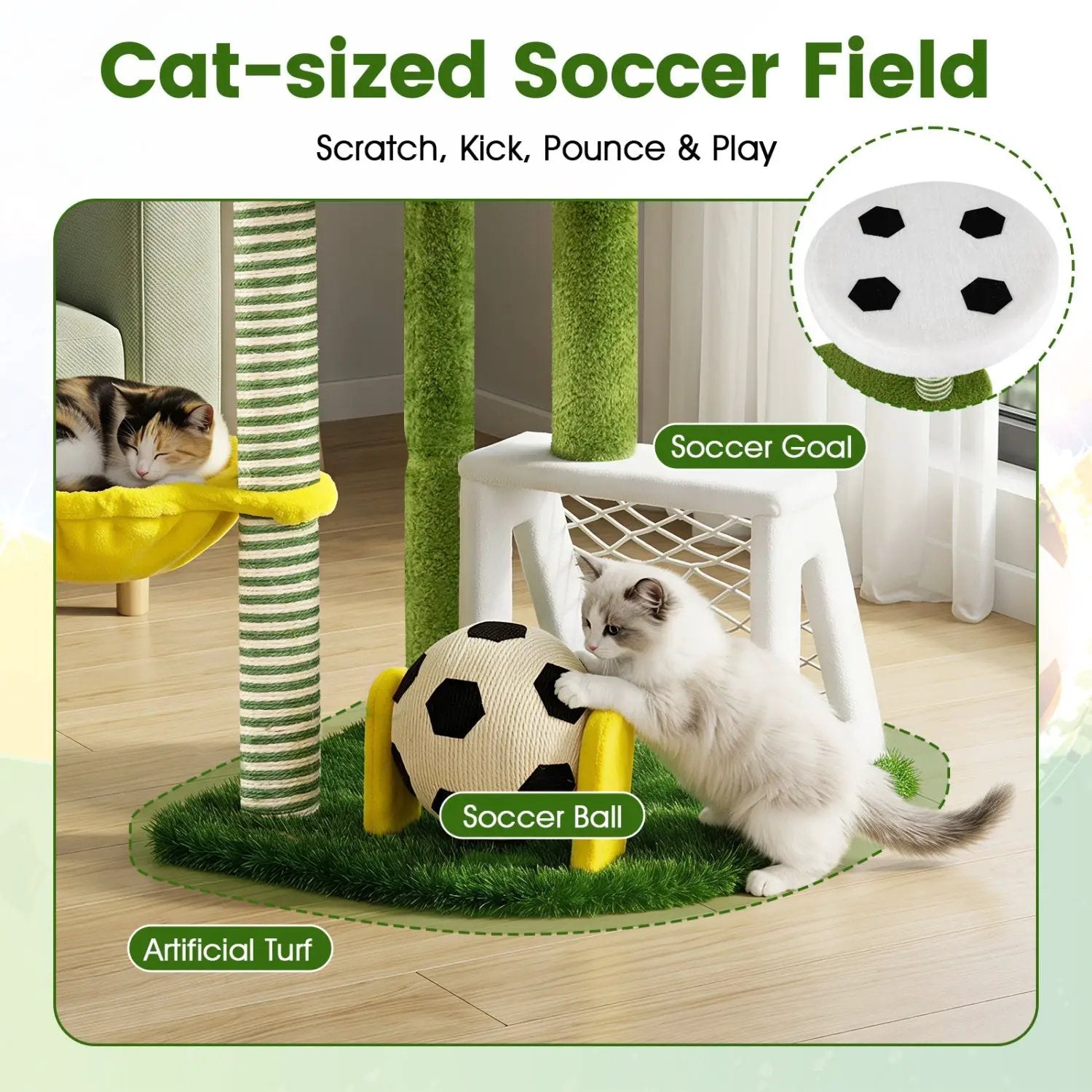 Cat Tree by DirectDeals, multi-level with soccer-field decor, hammock, and soccer ball on artificial turf