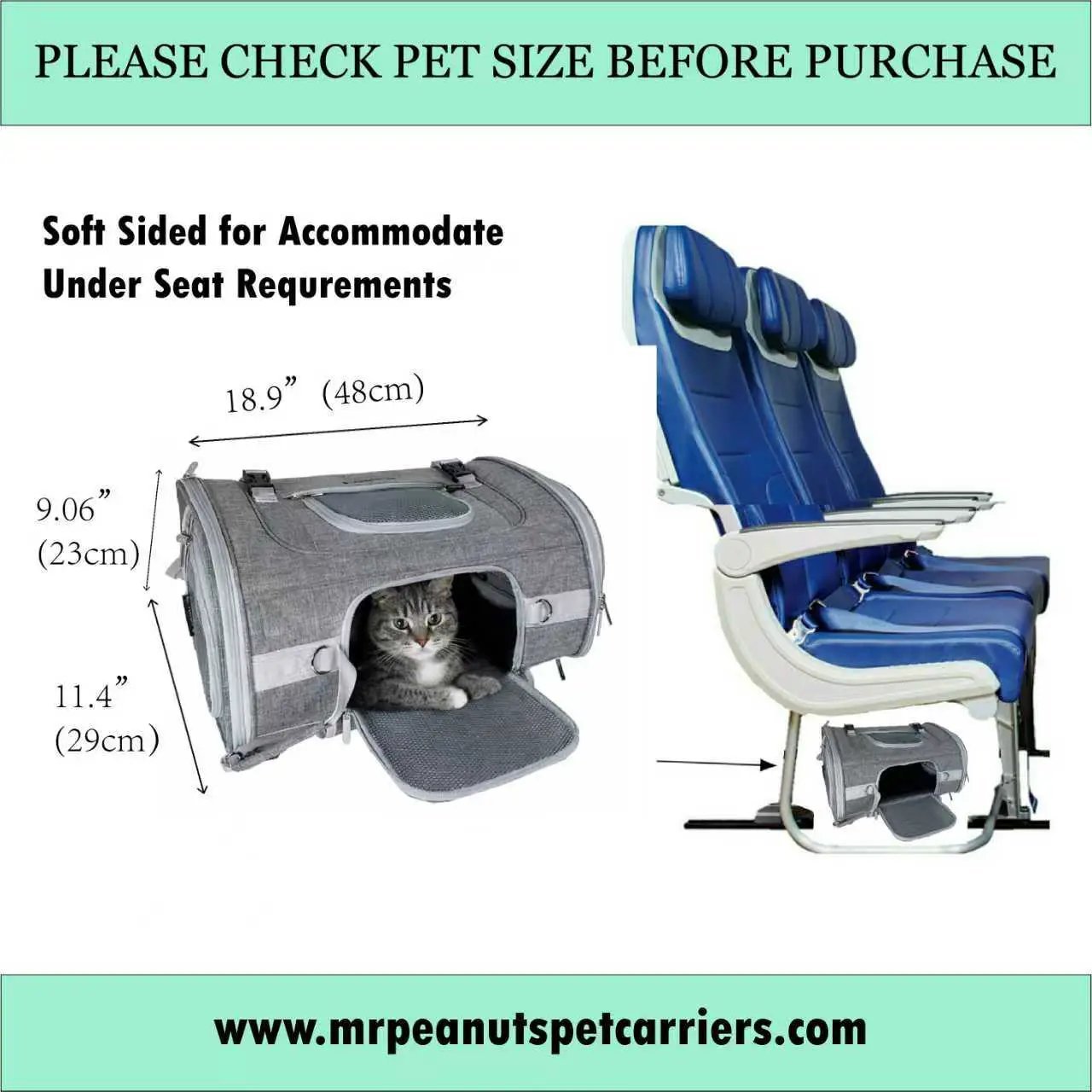 Mr. Peanut's Monterey Series airline-compliant horizontal backpack pet carrier in gray with a cat inside