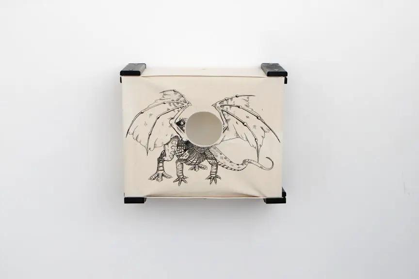 Enclosed Cat Bed Cat Wall Cubby by Catastrophic Creations; beige fabric with dragon illustration and black mounting brackets