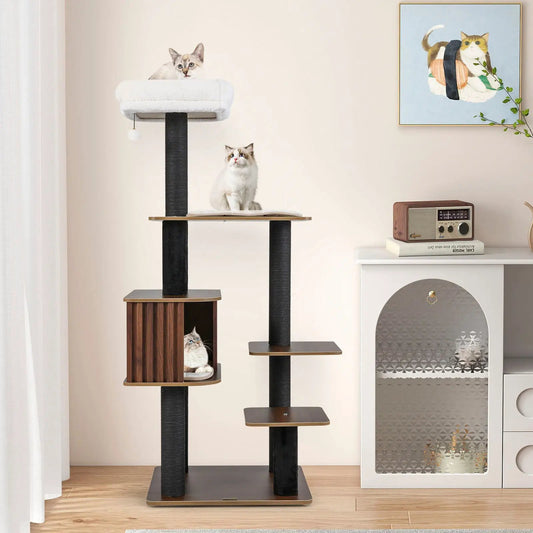 DirectDeals multi-level cat tree with cushioned top perch, 59.5-inch tall indoor cat tower showing 3 cats.