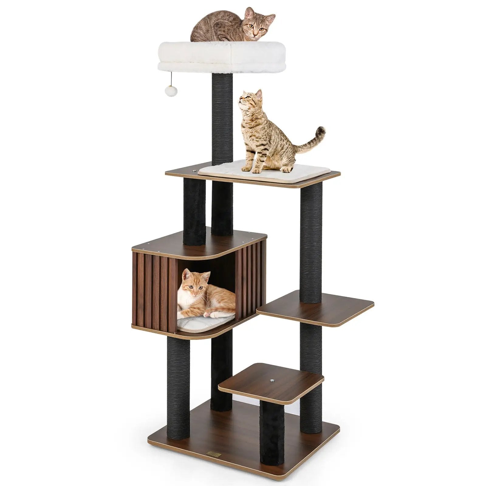 DirectDeals 59.5in multi-level cat tree with white cushioned top perch, dark wood platforms and sisal rope posts, 2 cats shown