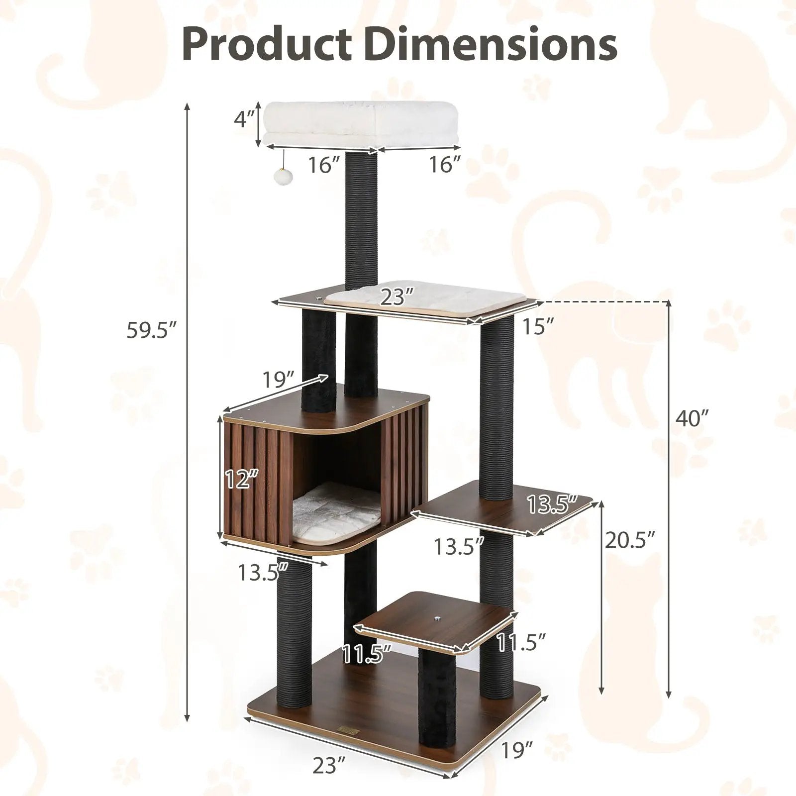 Multi-level cat tree by DirectDeals, 59.5-inch tall with cushioned top perch and sisal-wrapped posts.