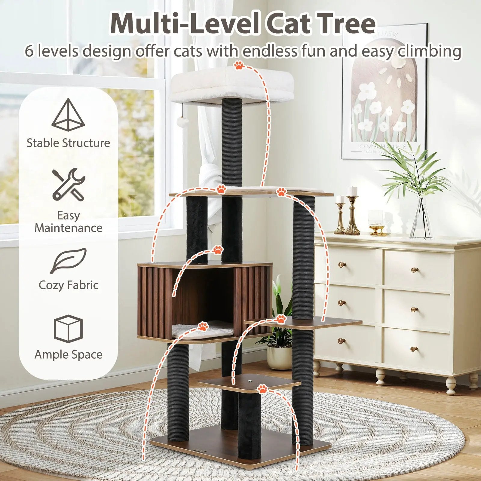 Multi-level Cat Tree by DirectDeals; 59.5-inch tall cat tower with cushioned beige top perch and black sisal posts