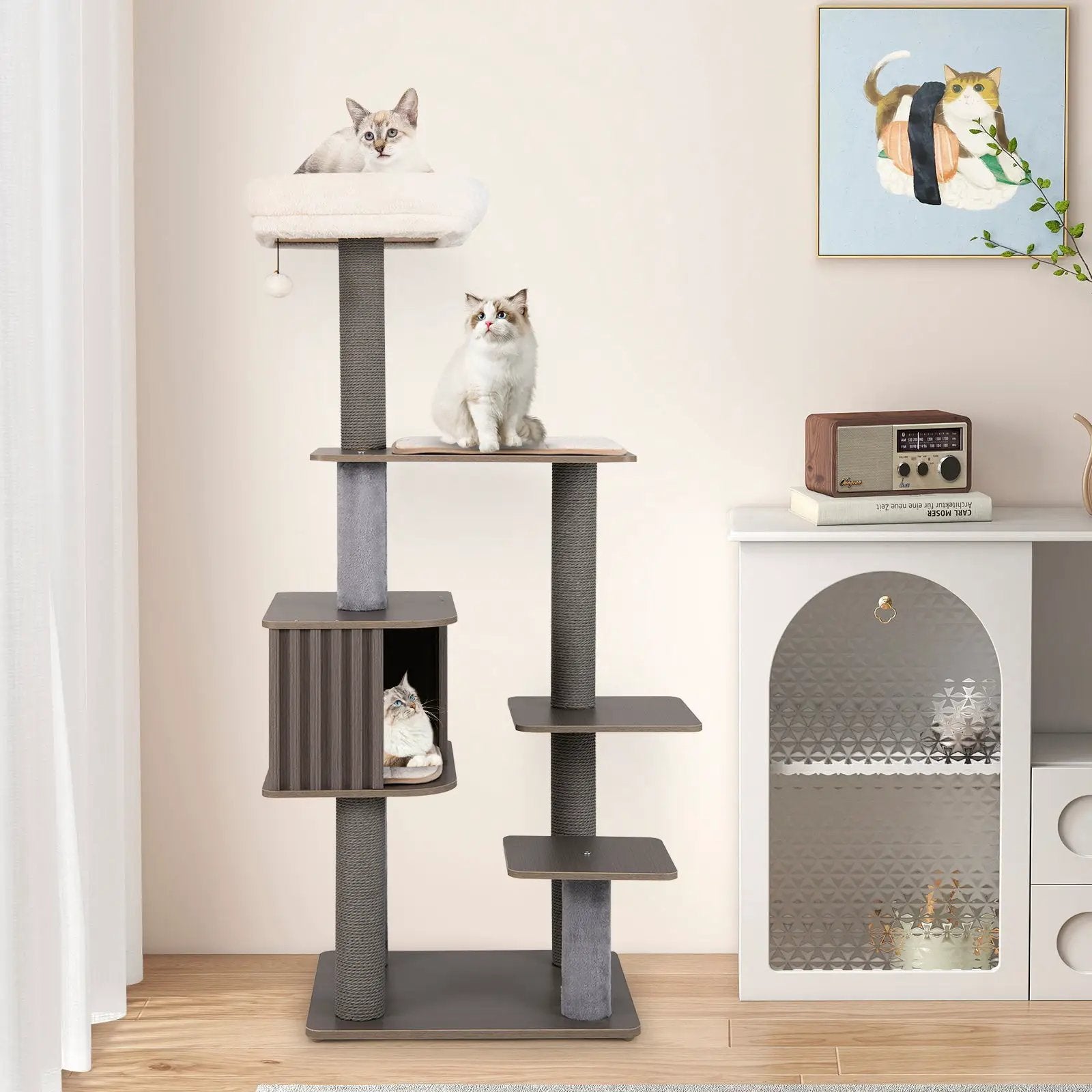 Multi-level cat tree by DirectDeals, 59.5-inch tall indoor cat tower with cushioned top perch; three cats visible.