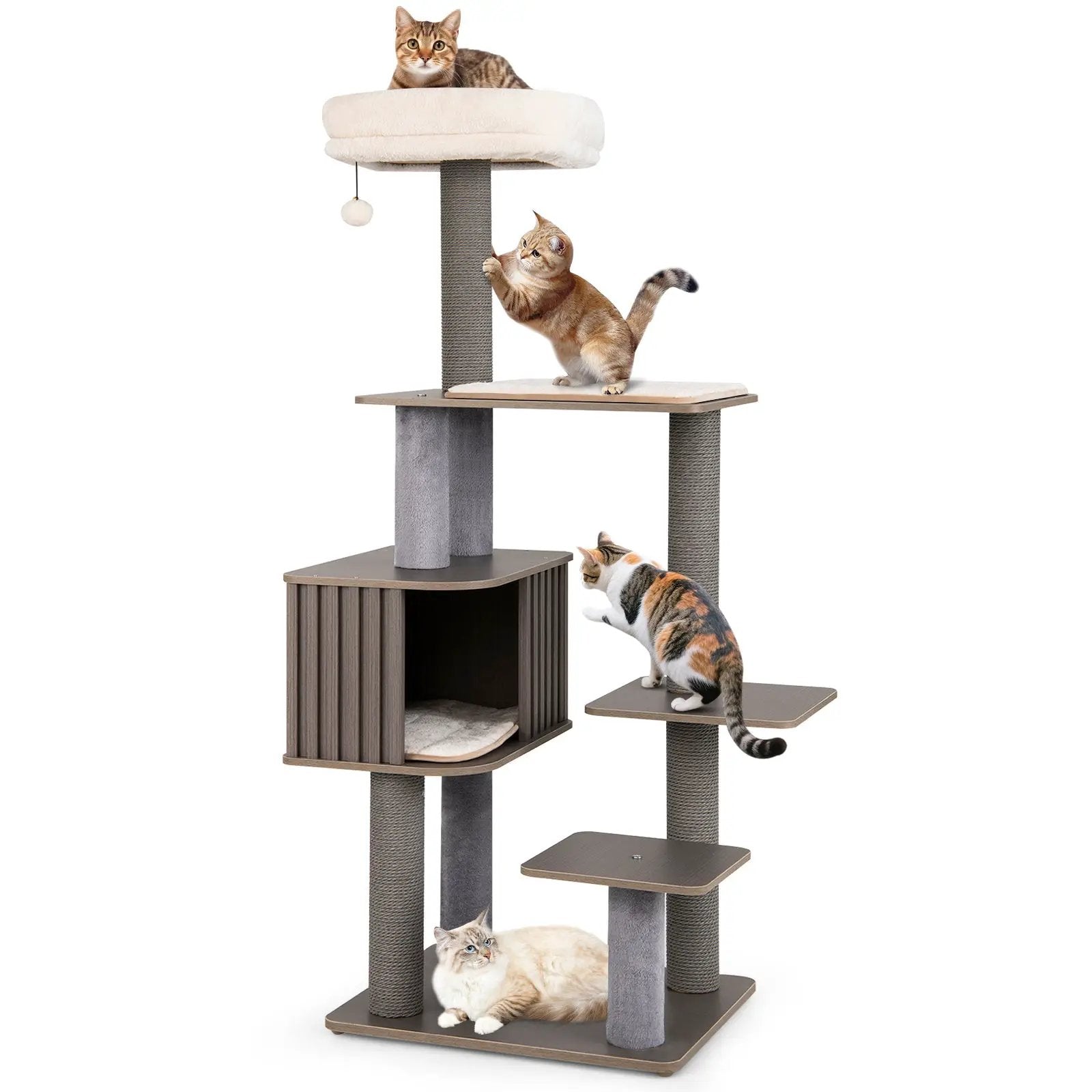 Multi-level cat tree by DirectDeals, 59.5-inch tall with cushioned top perch in beige/brown